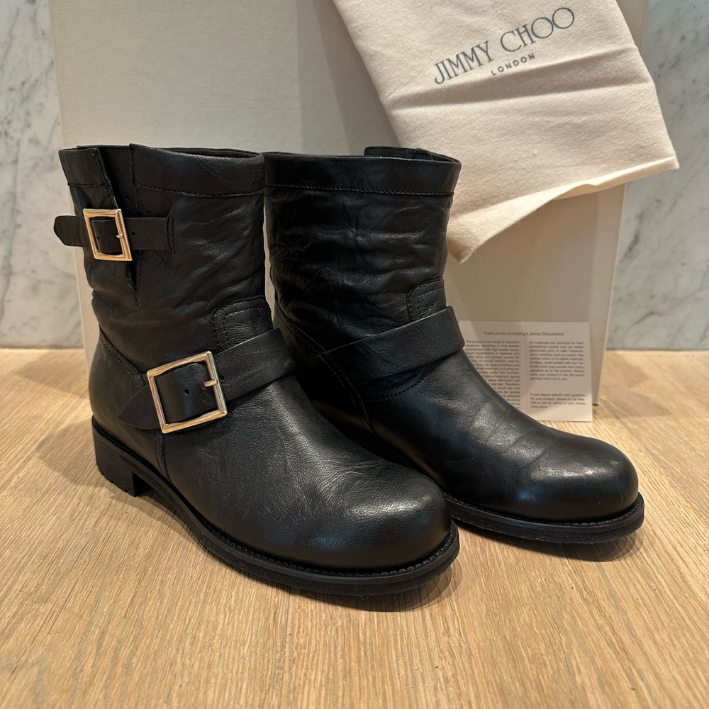 Jimmy Choo Black Leather Buker Buckle Boots